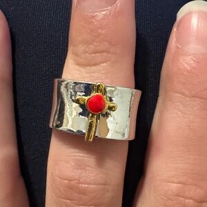 Silver and Gold Cross Ring with Red Ruby